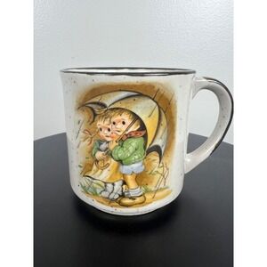 Vintage Japan Hummel Style Stoneware Coffee Mug Children with Umbrella Ceramic